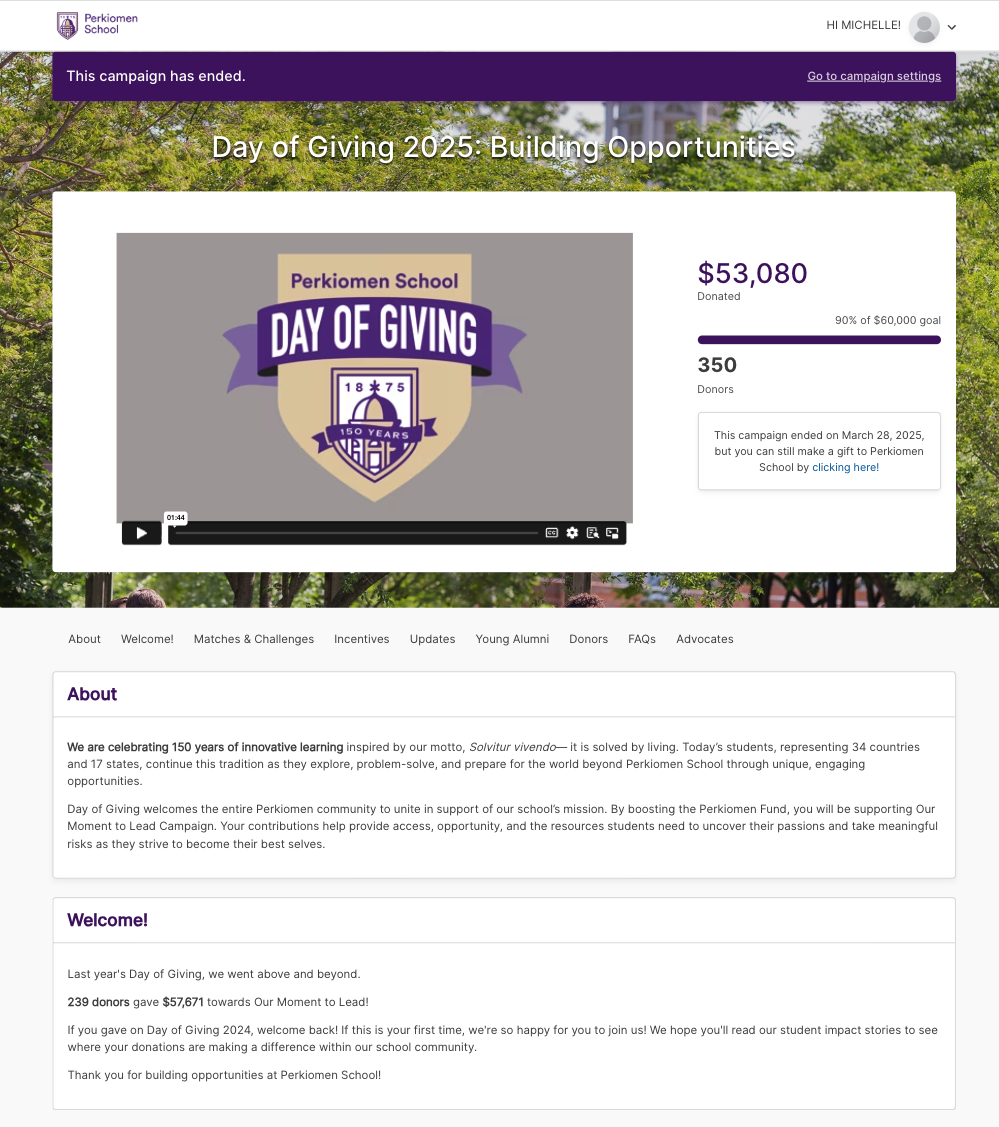 Perkiomen School'd 2025 Day of Giving campaign page