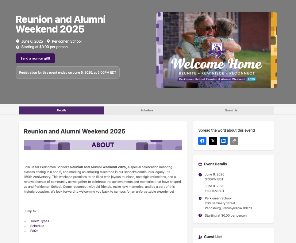 Perkiomen Alumni and Reunion Weekend event page on GiveCampus.