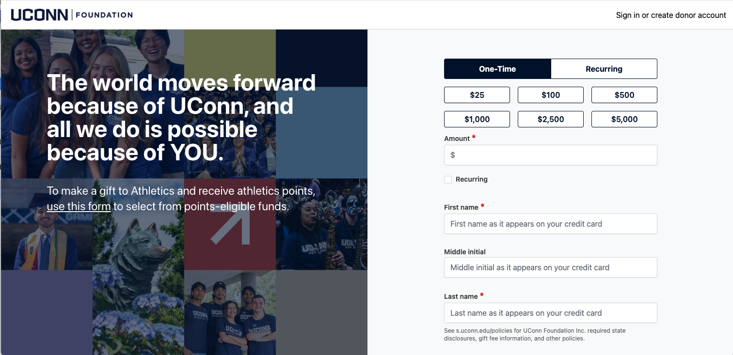 UCONN Foundation Giving Form displaying recommended ask amounts and recurring giving options.