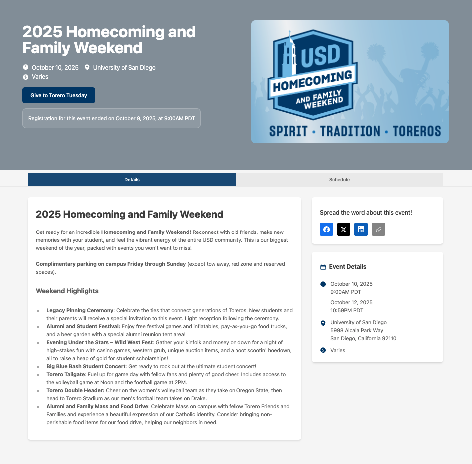 University of San Diego Homecoming 2025 GC Events Page