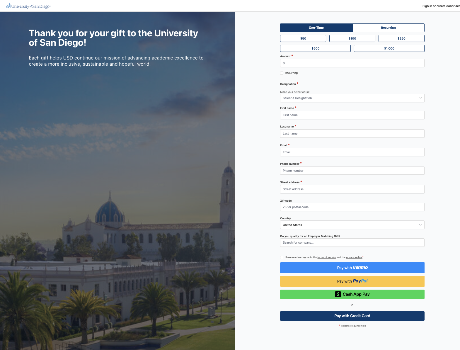 University of San Diego Giving Form