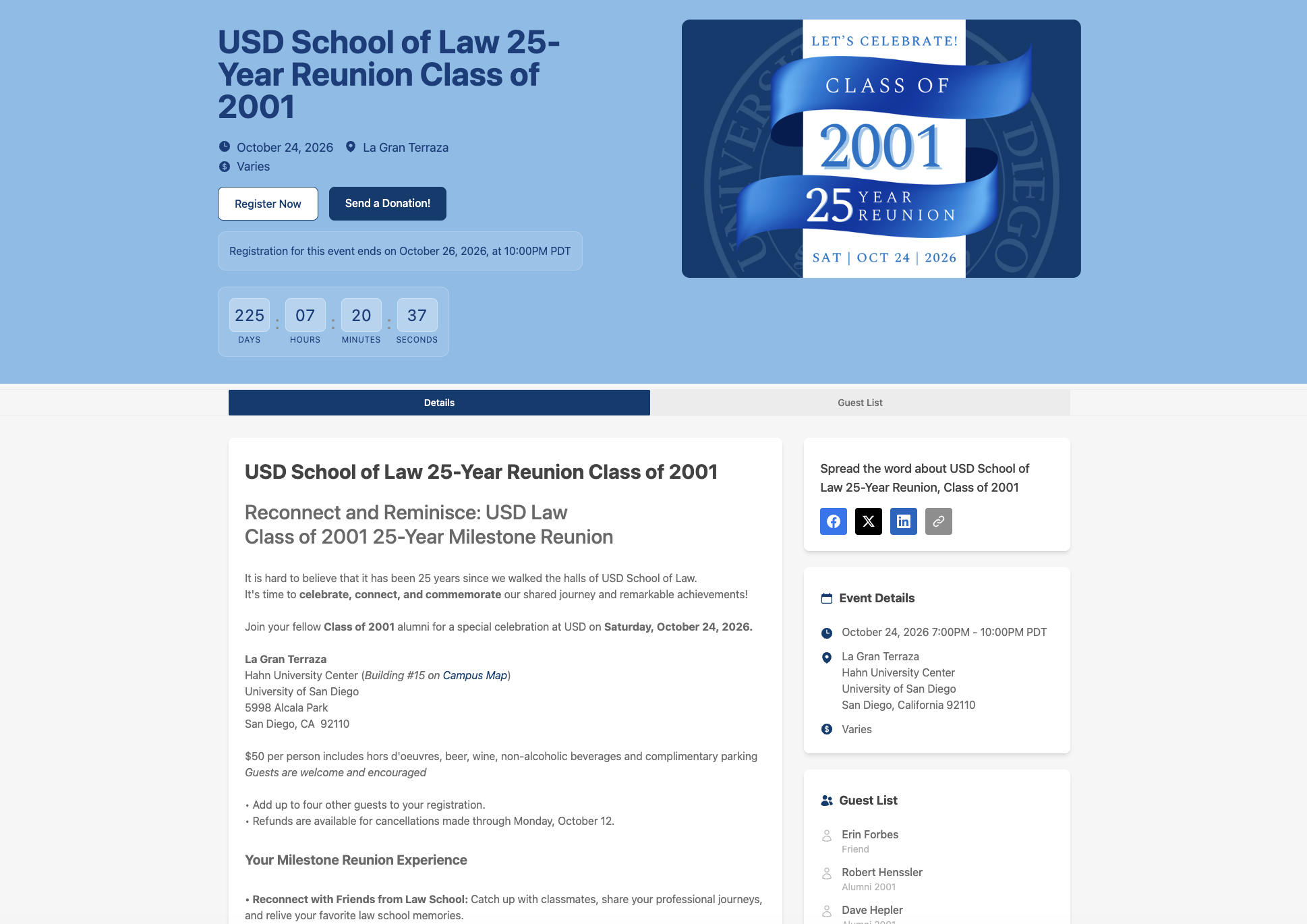 University of San Diego Class of 2001 Law School Reunion Page.