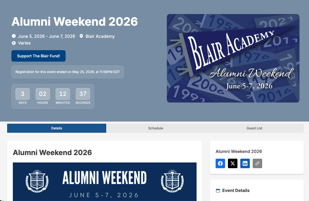 Blair Academy Alumni Weekend event page.
