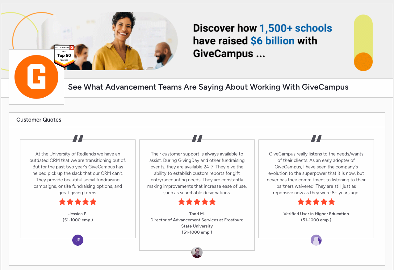 G2 Reviews of what teams are saying its like to work with GiveCampus