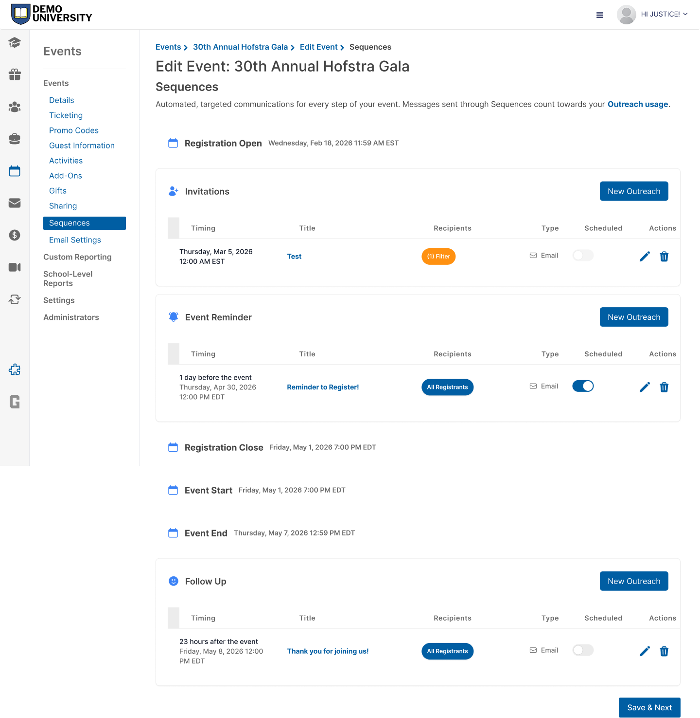 Backend user interface showing the GC Events email sequences flow.