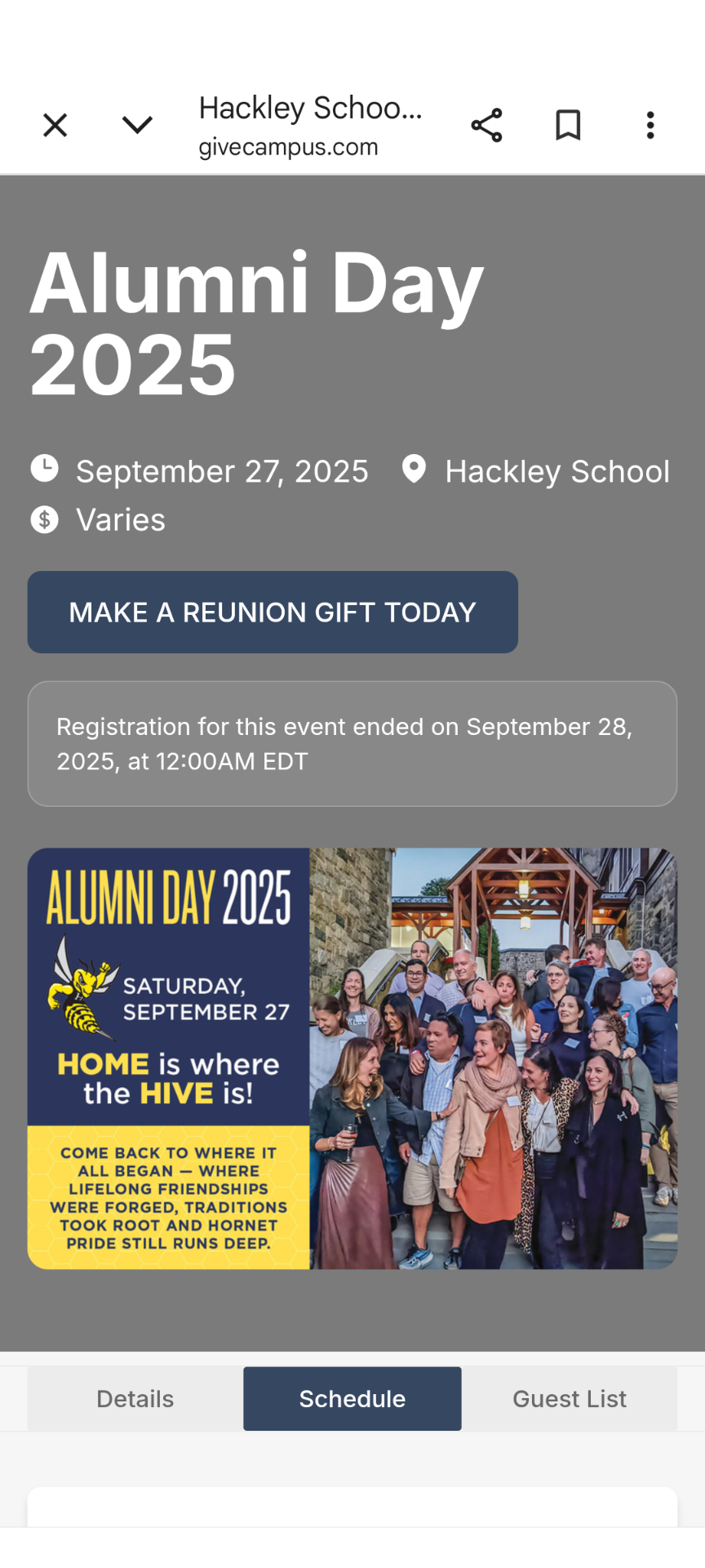 Screenshot of Hackley School's Alumni Day event page viewed on a mobile device.