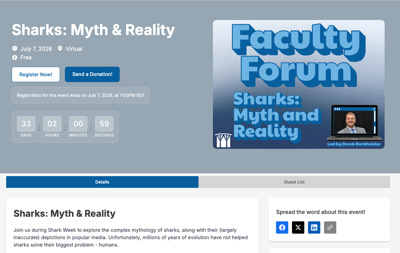 Event page for Stockton University's Faculty Forum timed to coincide with Shark Week.