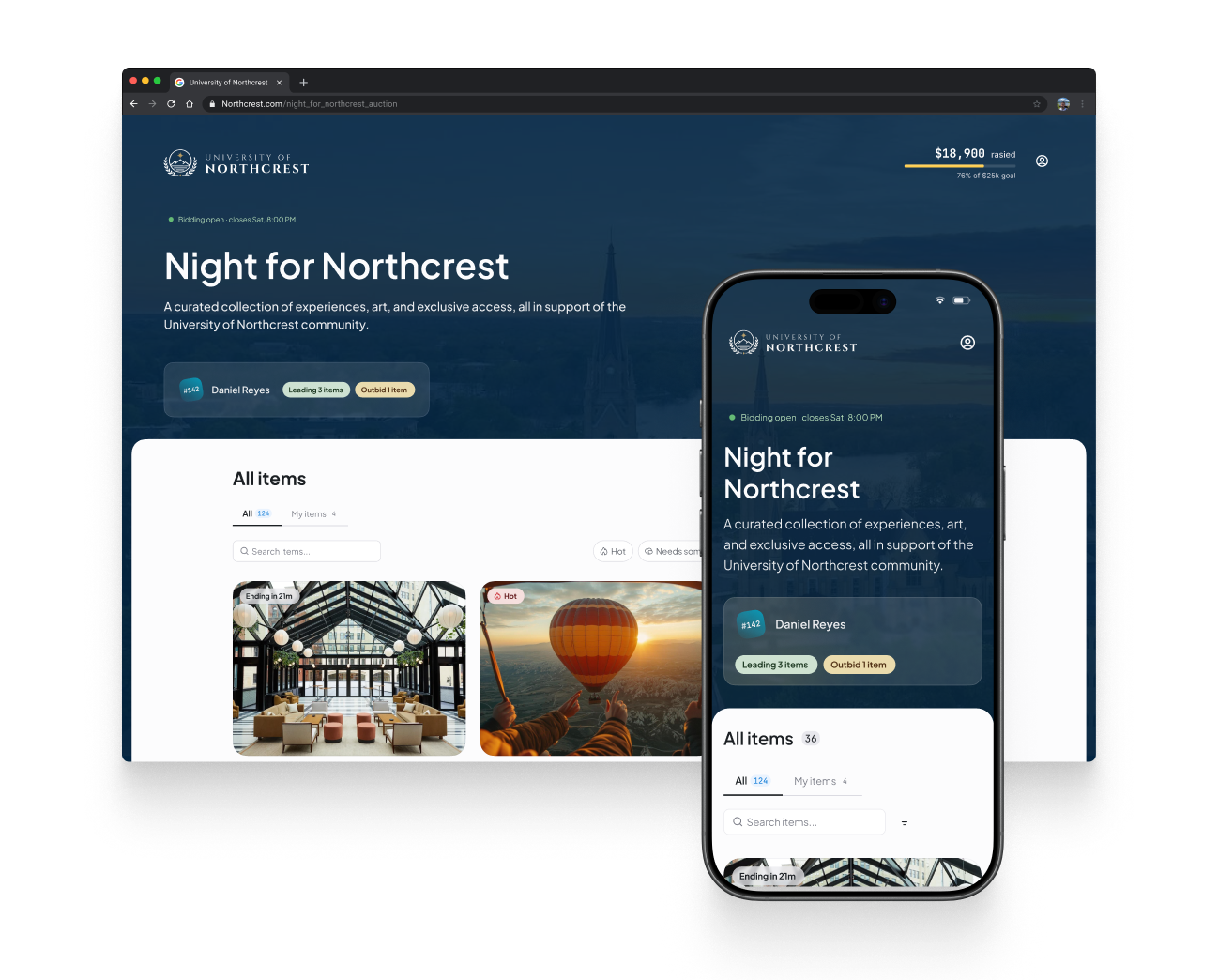 Auction user interface displayed on laptop and mobile.